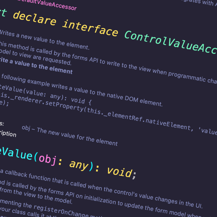 A screenshot of the Angular interface for ControlValueAccessor taken using Webstorm