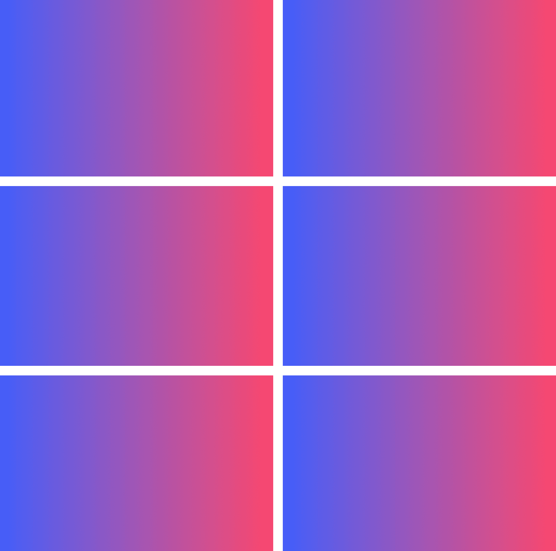 CSS grid of two columns across three rows, containing square gradients