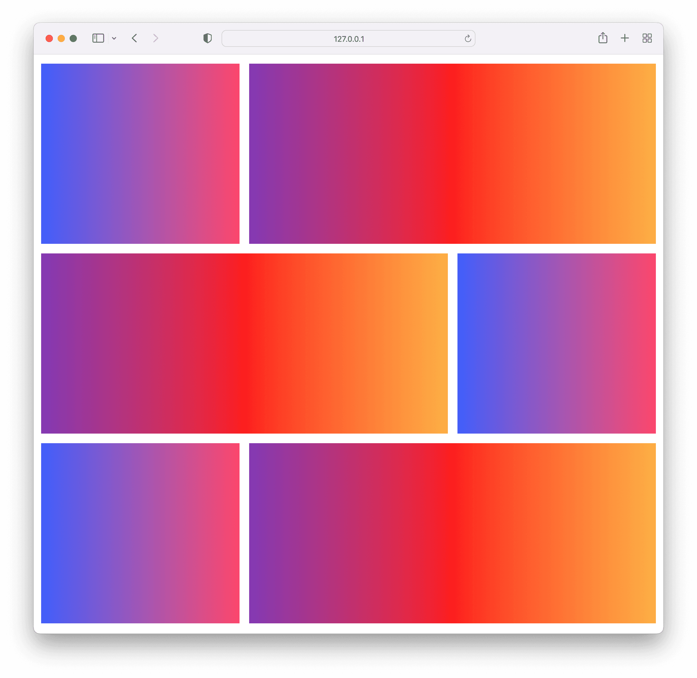 Layout of 6 gradient squares, the 2nd, 3rd and 6th span 2 columns each