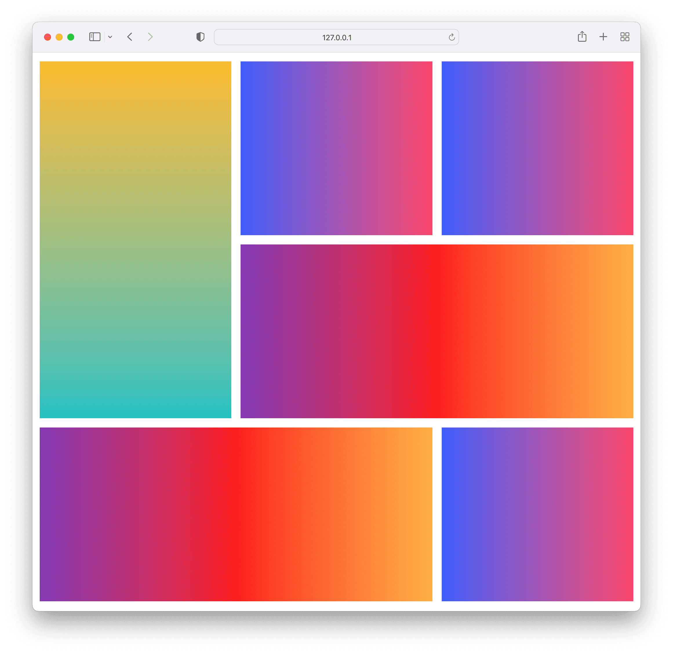 CSS grid with 6 gradient cells, the first cell spans two rows, the fourth and fifth cells span two columns each