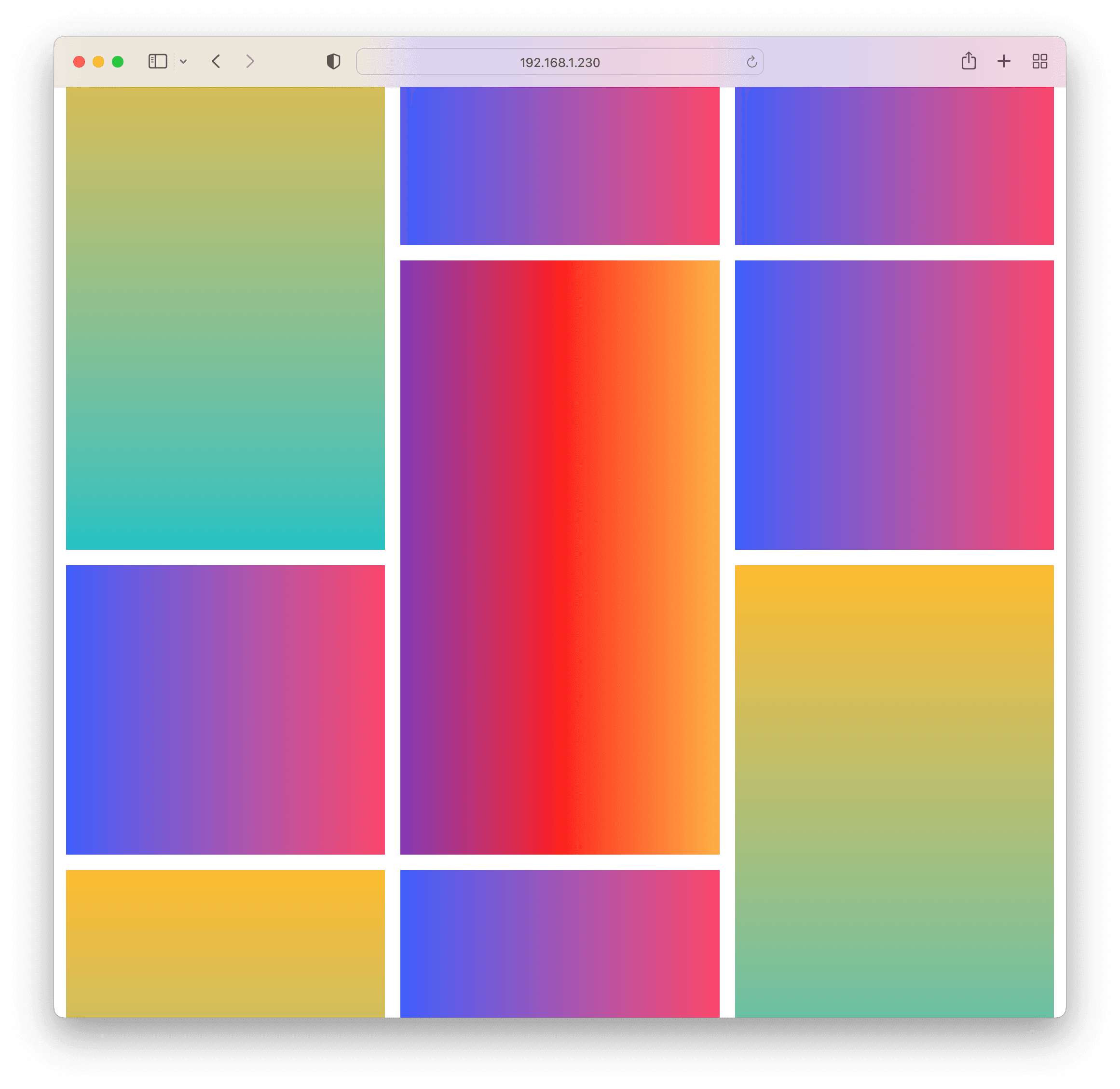 CSS Masonry grid containing multiple cells with a variety of gradient colours