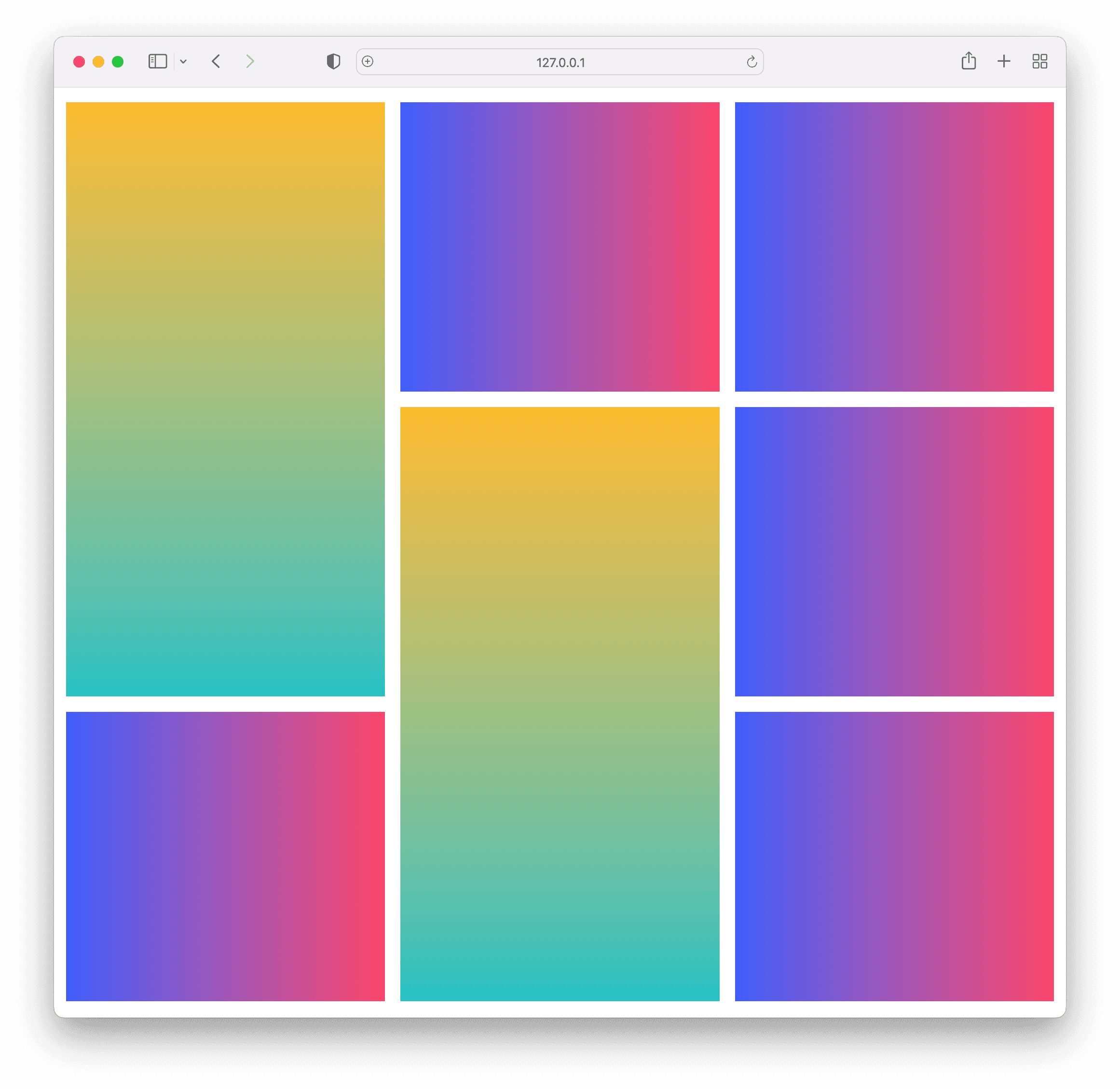 CSS grid layout of gradient squares with the first and 4th cell spanning 2 rows