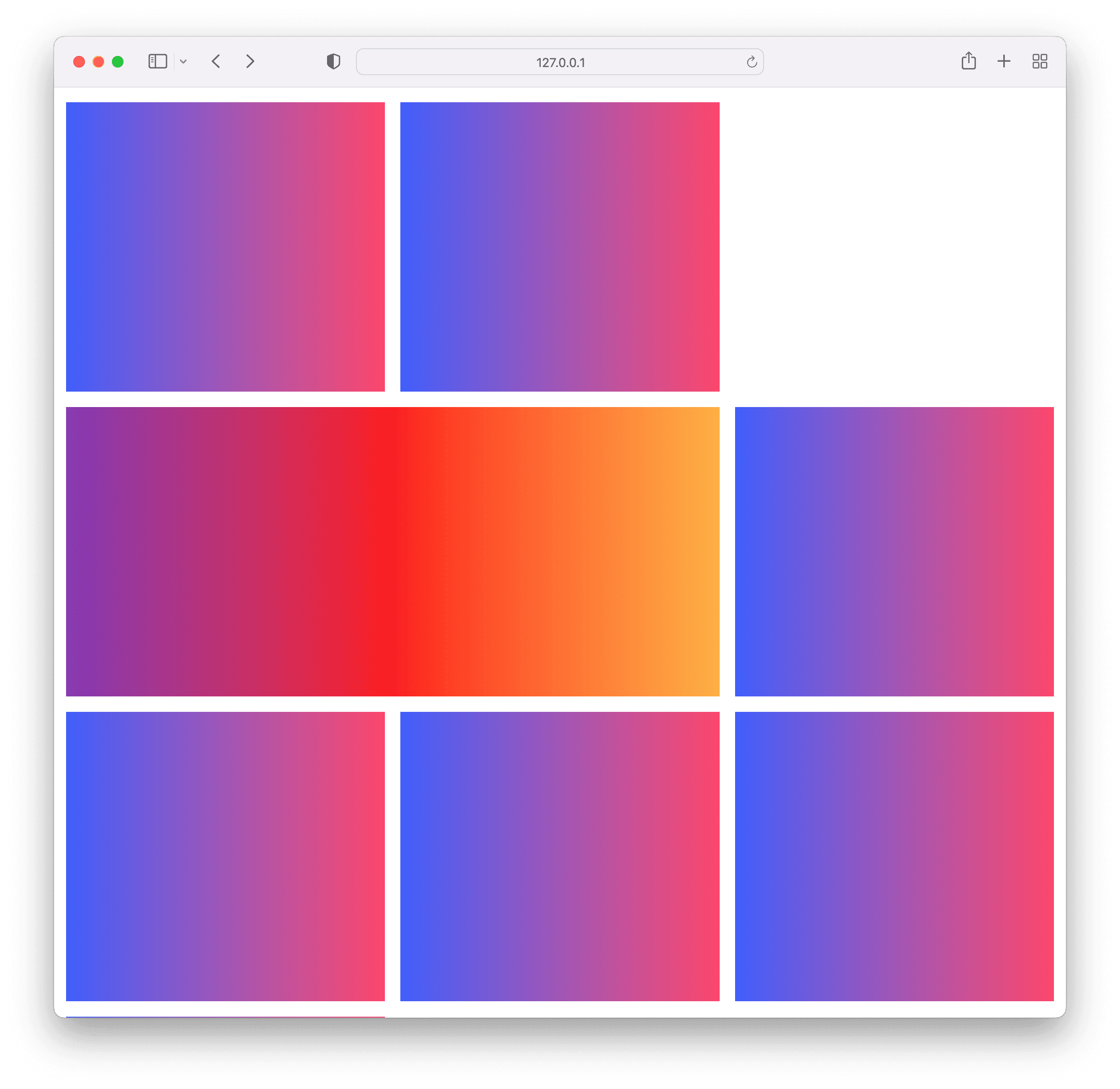 CSS grid showing 8 gradient cells, the third cell spans two columns and has been wrapped to the next line creating a gap