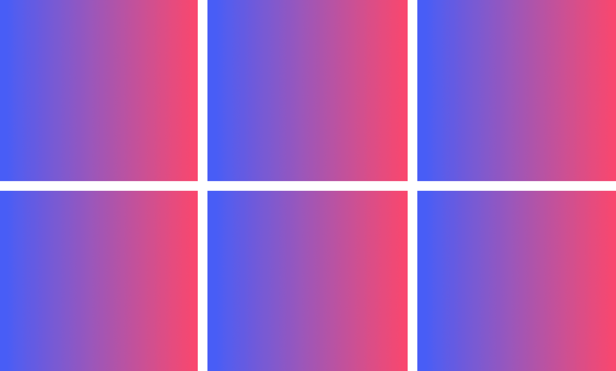 CSS grid containing three columns across two rows of square gradients